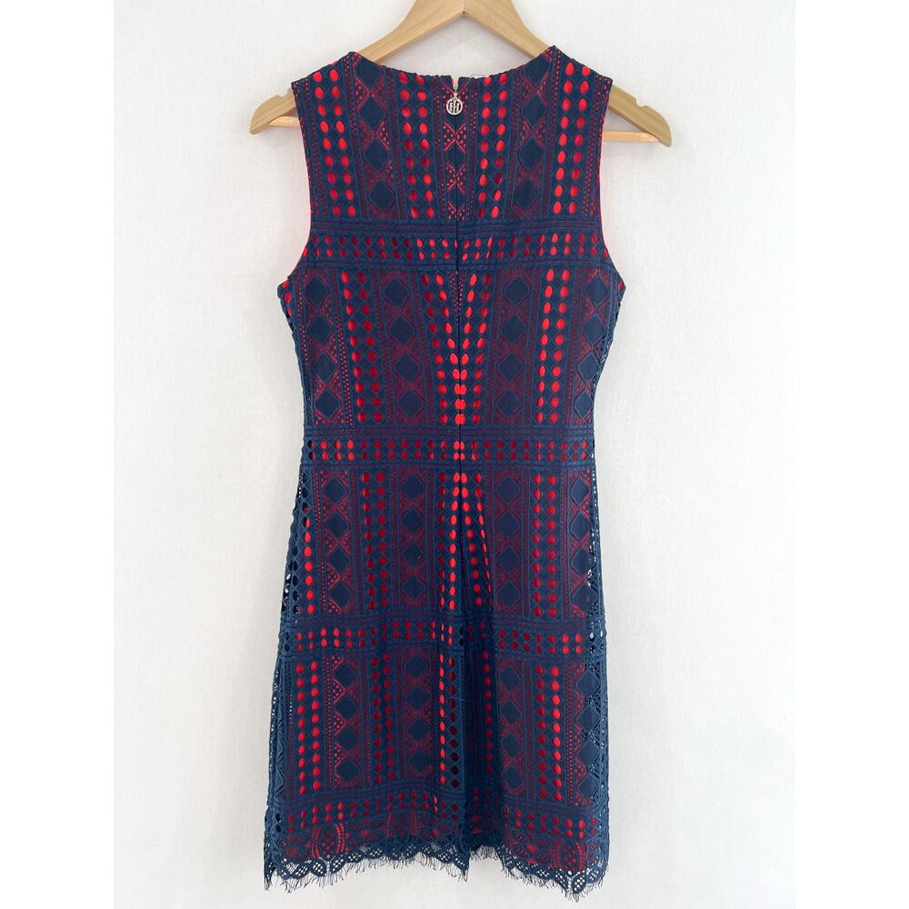 Tommy Hilfiger Navy Red Lace Overlay Mini Dress 4 Preppy Academia Americana - Picture 2 of 7